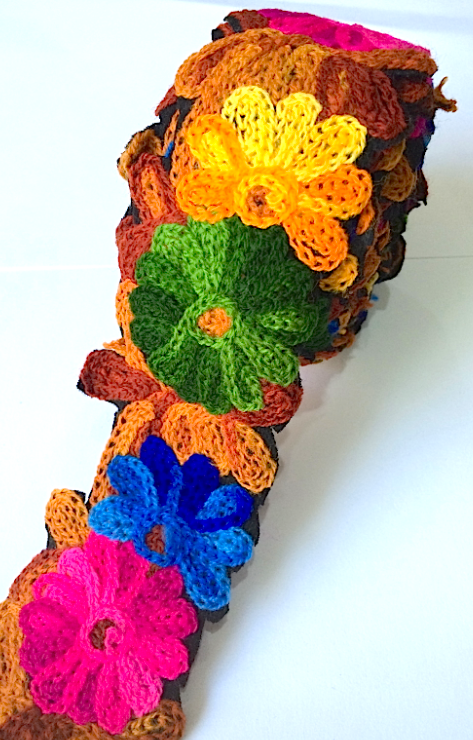 Brown, Blue, Green & Pink Crochet Style woollen Flower Embroidery trim