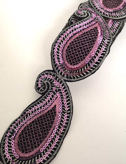 Dusky Pink Sequin Paisley Design Iron on Trim