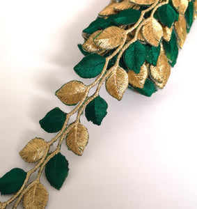 5631 Emerald Green & Gold Leaf Design Iron on Trim