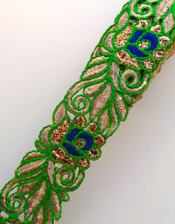 Green & Blue Thread Flower Swirl Cutwork Trim
