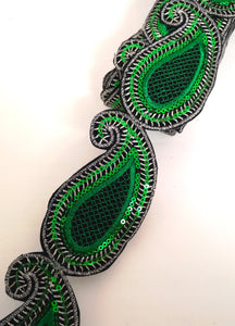 Emerald Green Sequin Paisley Design Iron on Trim