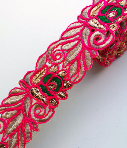Hot Pink & Green Thread Flower Swirl Cutwork Trim