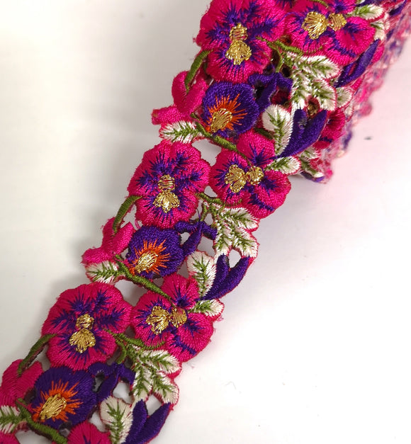 Narrow Hot Pink & Purple Pansy Flower Cutwork Trim