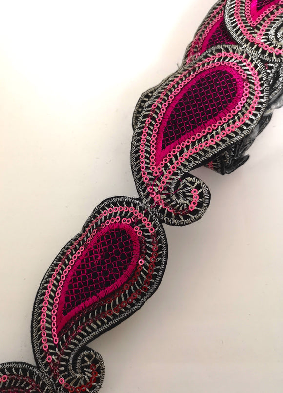 Hot Pink Sequin Paisley Design Iron on Trim