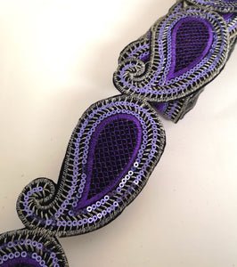 Lilac Sequin Paisley Design Iron on Trim