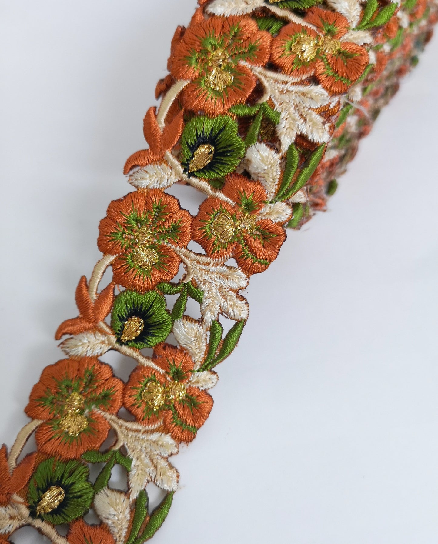 Narrow Olive Green & Rust Orange Pansy Flower Cutwork Trim