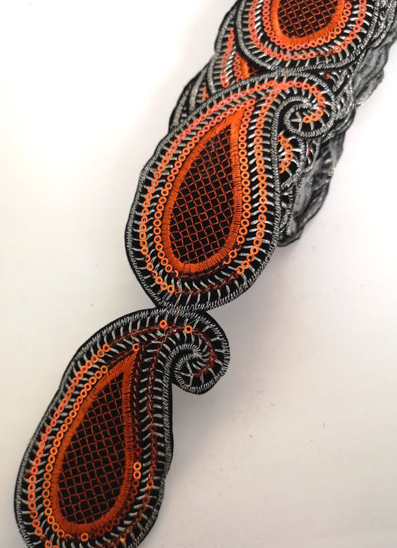 Orange Sequin Paisley Design Iron on Trim