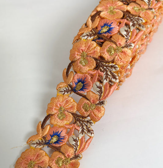 Narrow Peach Salmon & Blue Pansy Flower Cutwork Trim