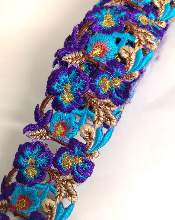 Narrow Purple, Turquoise & Coral Pansy Flower Cutwork Trim