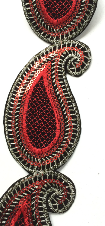 Red Sequin Paisley Design Iron on Trim