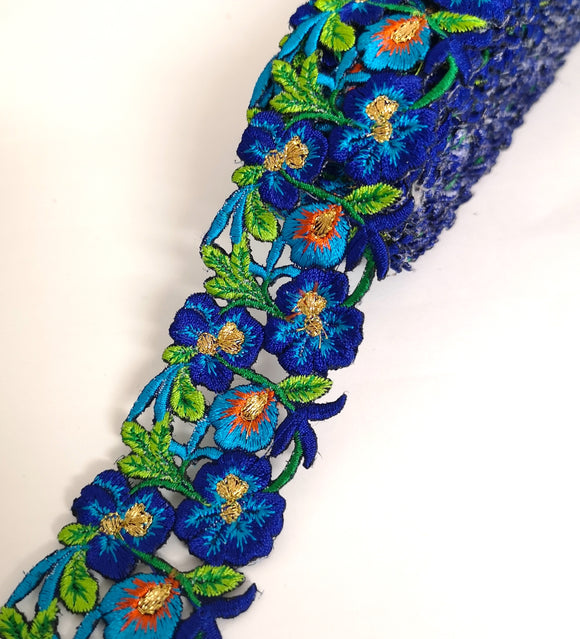 Narrow Royal Blue, Turquoise & Orange Pansy Flower Cutwork Trim