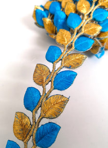 5631 Turquoise & Gold Leaf Design Iron on Trim