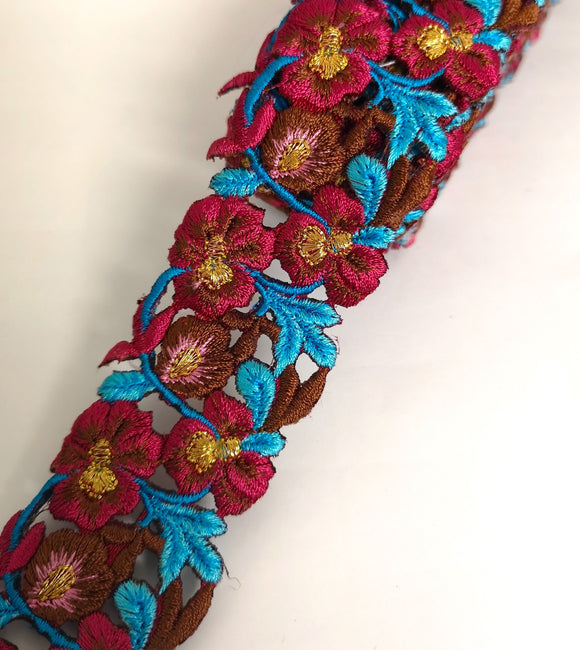 Narrow Mulberry, Turquoise, Brown & Pink Pansy Flower Cutwork Trim