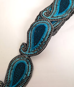Turquoise Sequin Paisley Design Iron on Trim