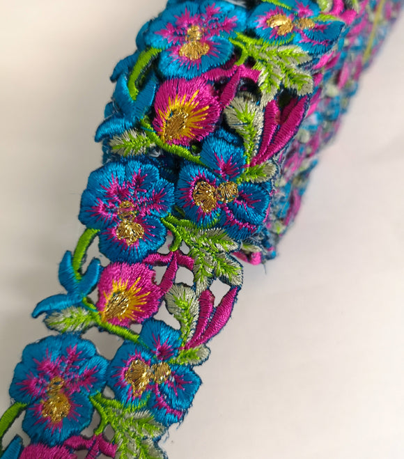 Narrow Turquoise, Pink & Yellow Pansy Flower Cutwork Trim