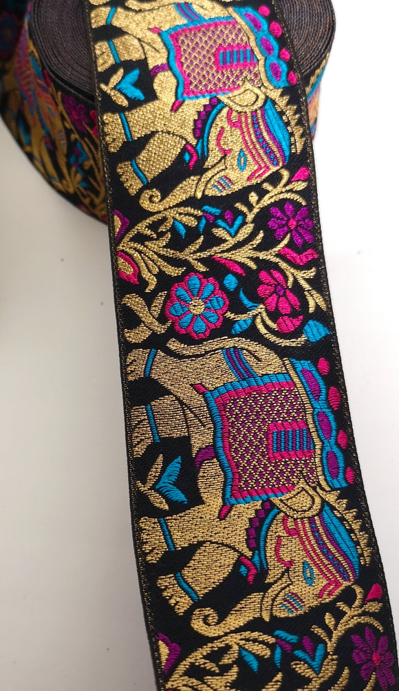 Turquoise & Pink Elephant Embroidery Trim