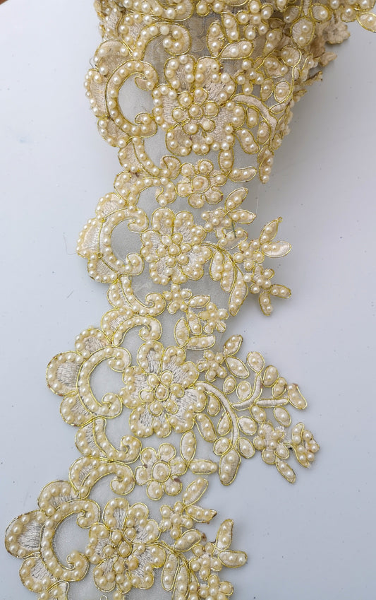 Wide Ivory & Gold Pearl Flower Bridal Cutwork Trim