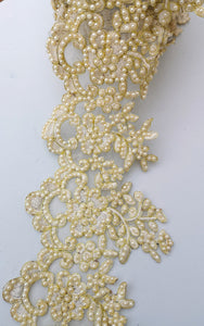 Wide Ivory & Gold Pearl Flower Bridal Cutwork Trim