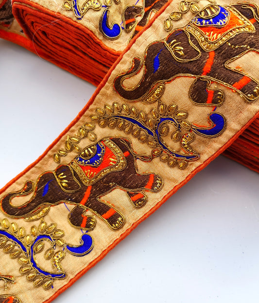 Orange & Blue Wide Elephant Embroidery Trim